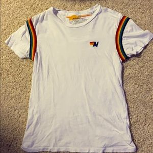 Avatior Nation white tee with embroidered rainbow